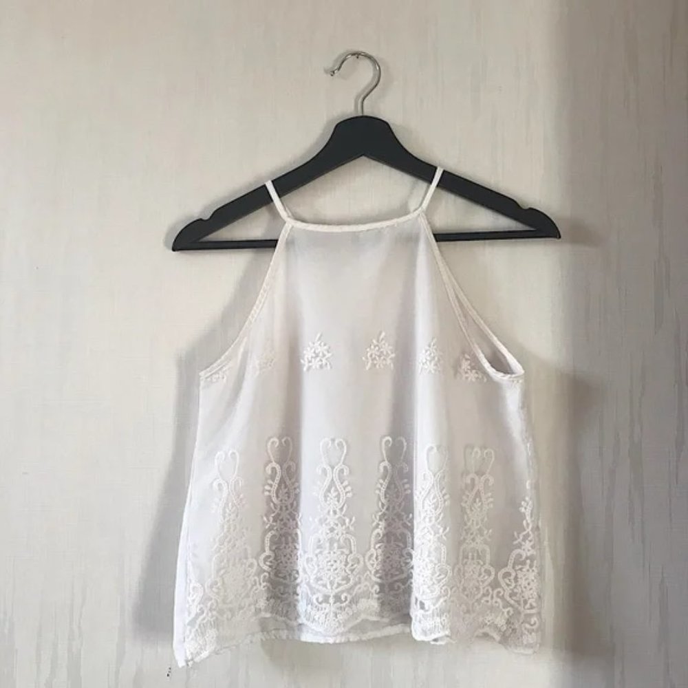 Cream Embroidered Halter Tank Top